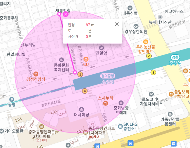 중랑역 월주차 1번 출구 도보 5분 거리