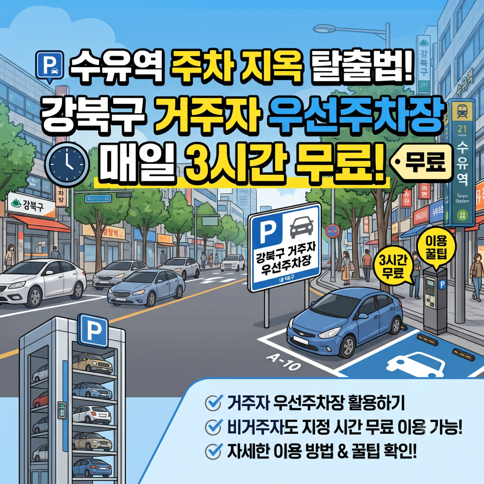 🚗 수유역 주차 지옥 탈출법! 강북구 거주자 우선주차장 ‘매일 3시간 무료’ 이용 꿀팁 (feat. 주만사) 대표 이미지