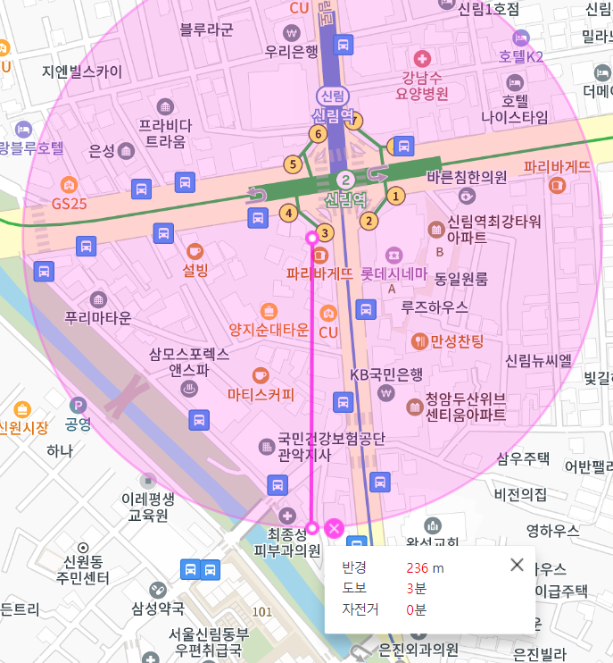 신림역 월주차 3번 출구 인근 위치 정보