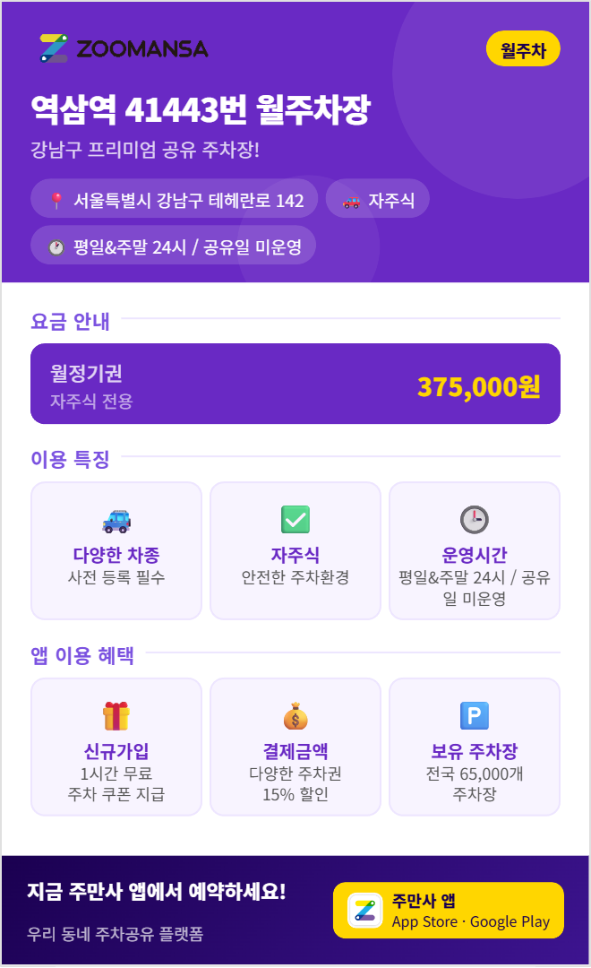 역삼역 월주차 37만5천원! 테헤란로 직장인 평일·주말 24시간 자주식 월주차 추천