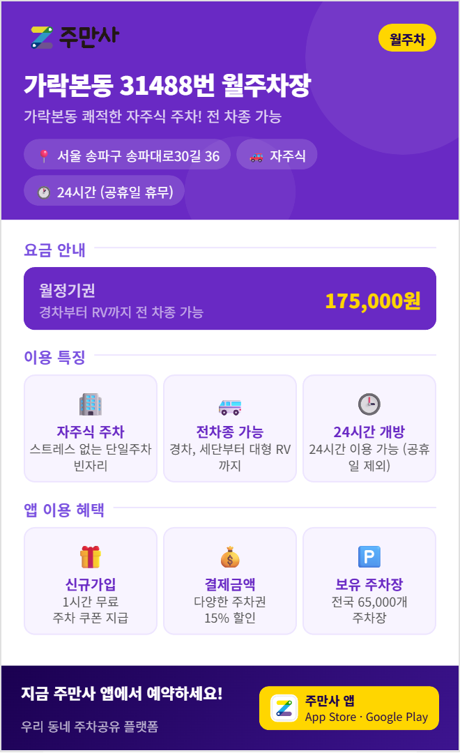 가락본동 월주차, 송파구 거주자 우선 주차 탈락하셨나요? 무한 대기 대신 즉시 계약하는 확실한 대안