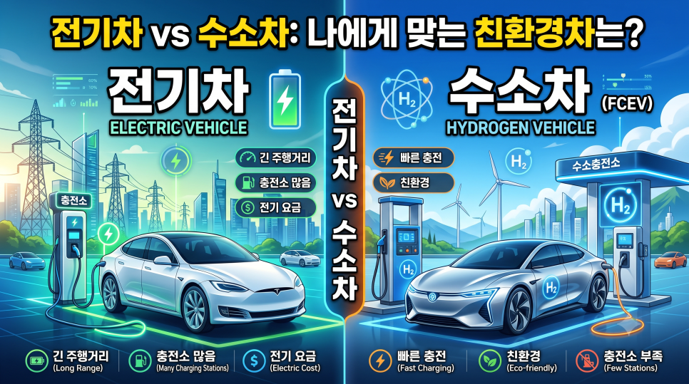 전기차 vs 수소차 차이점 완벽 비교! (주행거리·충전시간·지원금 총정리) 대표 이미지