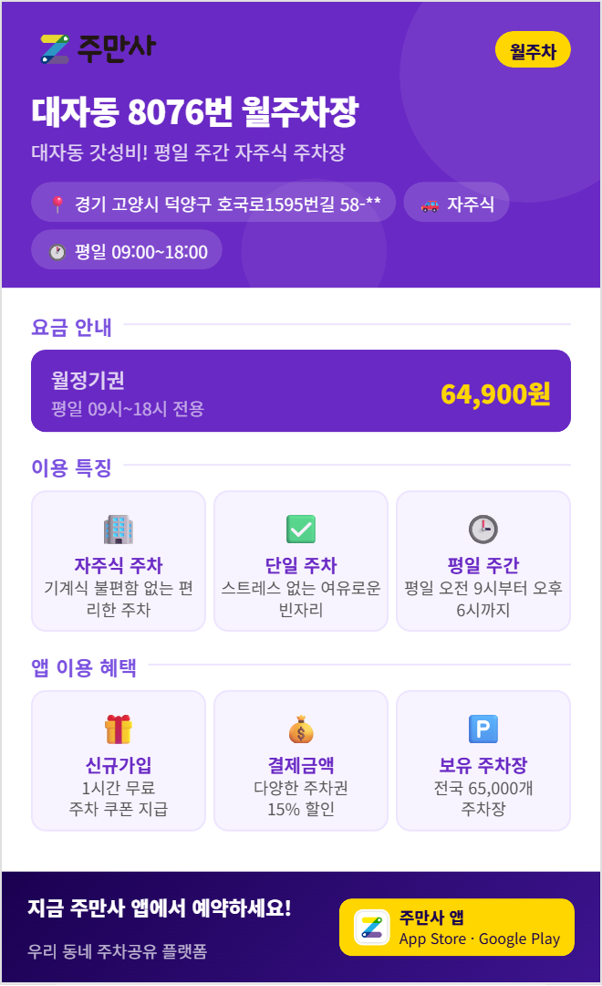 대자동 월주차, 하루 2,200원 주차비 호국로 인근 직장인을 위한 6만 원대 평일 주간 명당