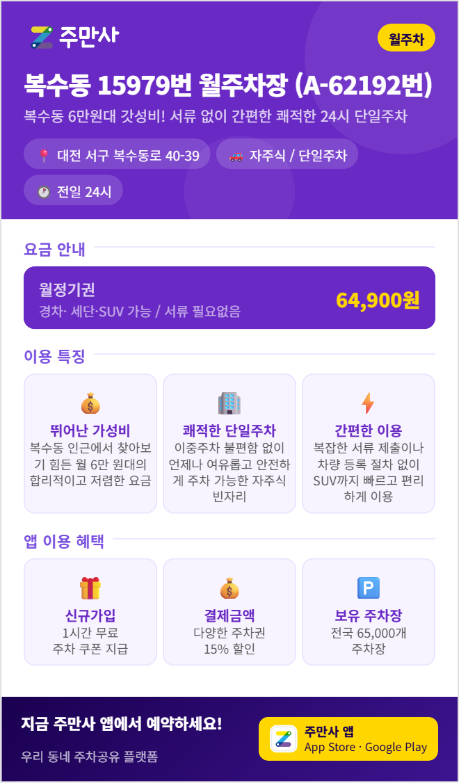 복수동 월주차, 대전 서구 복수동로 인근 월 64,900원으로 주차 스트레스 줄이기