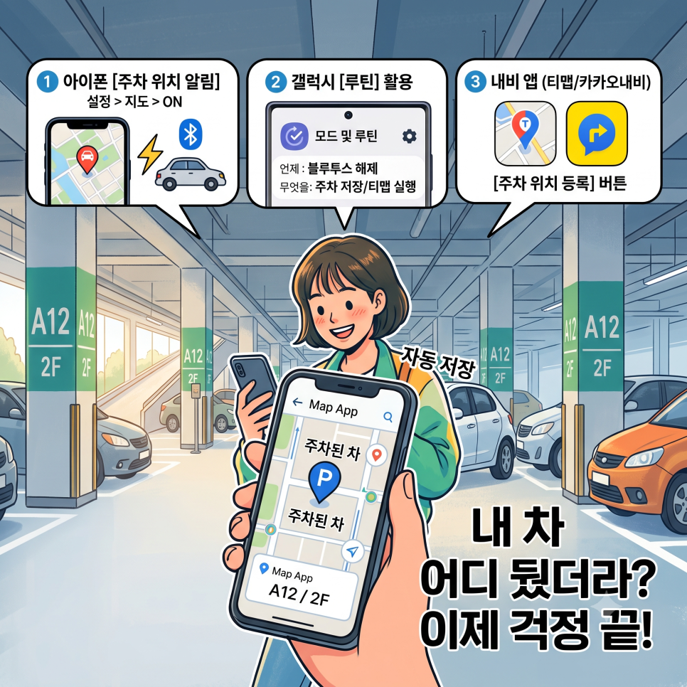 주차장 차 위치 깜빡했다면? 아이폰·갤럭시 주차 위치 자동 저장 방법 (티맵/카카오맵 활용 팁) 대표 이미지