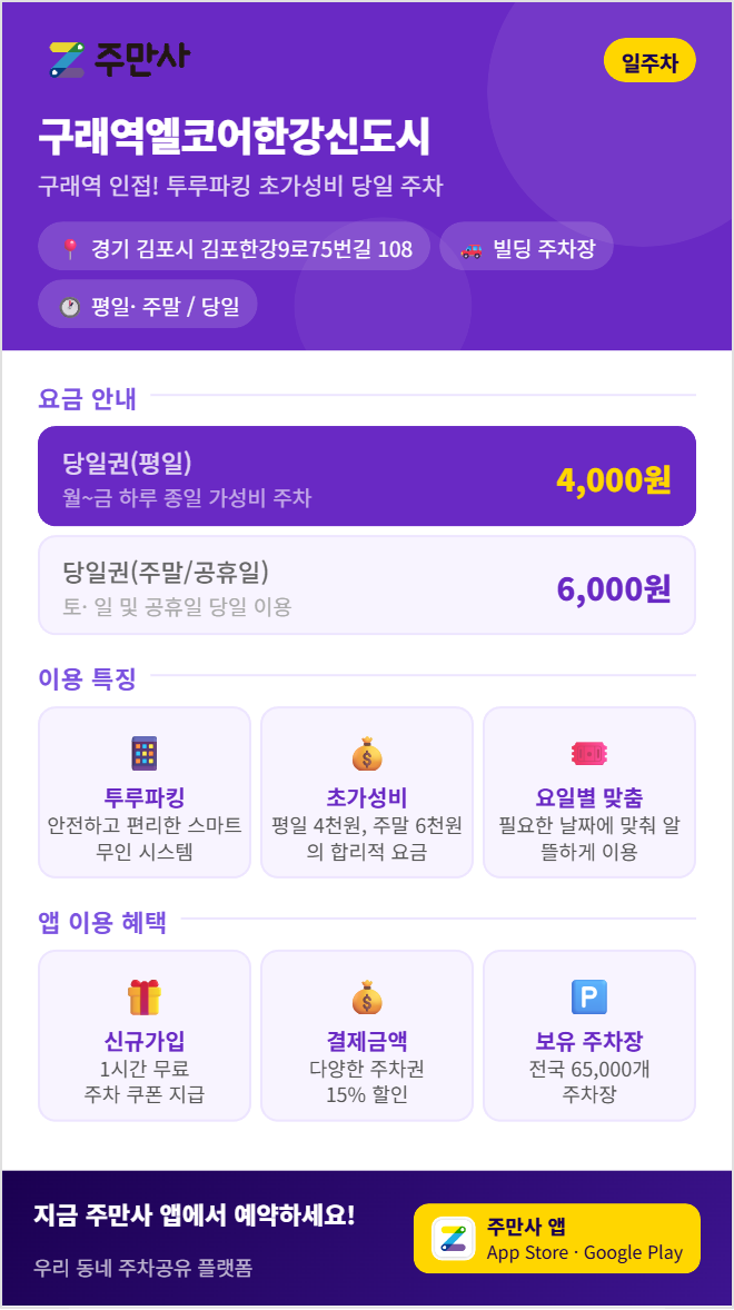구래역 주차장 평일 종일 4,000원 & 주말 4,900원부터 김포 한강신도시 최고 가성비 주차장 BEST 4