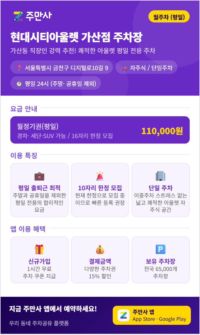 가산디지털단지 월주차 찾는다면? 현대시티아울렛 가산점 평일 주차 11만 원 안내