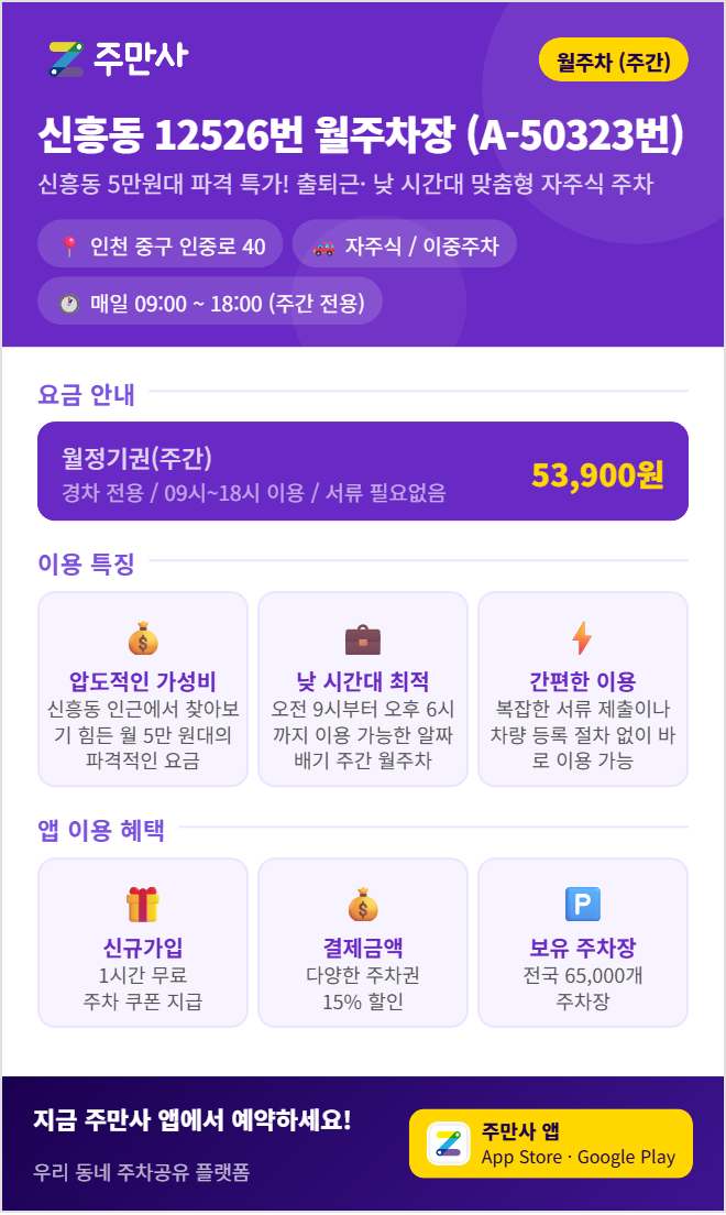 신흥동 월주차, 전일 09시부터 18시까지 이용 가능한 주차장
