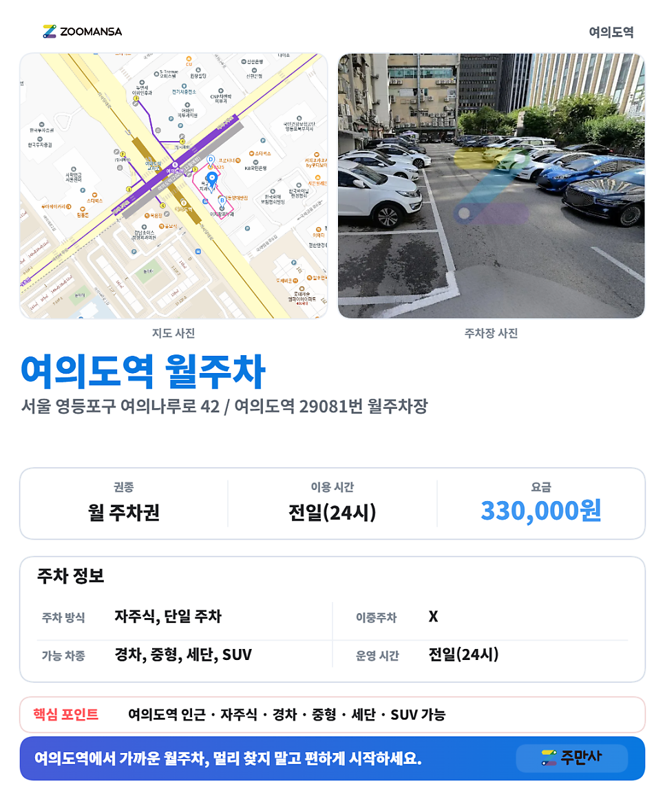 여의도역 월주차, 초역세권 여의도역 도보 1분, 여의도 직장인을 위한 하루 11,000원 주차장
